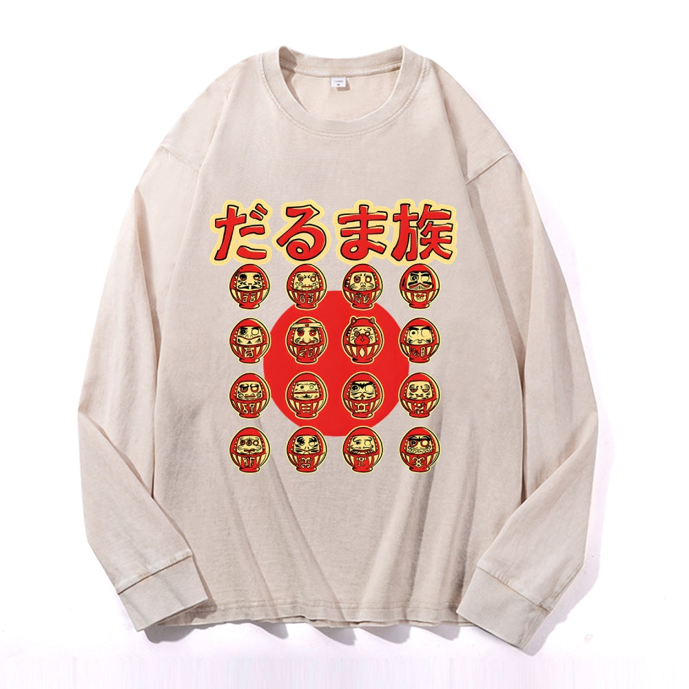 Daruma tribe Vintage Cotton Wash Crewneck Long-Sleeve T-Shirt