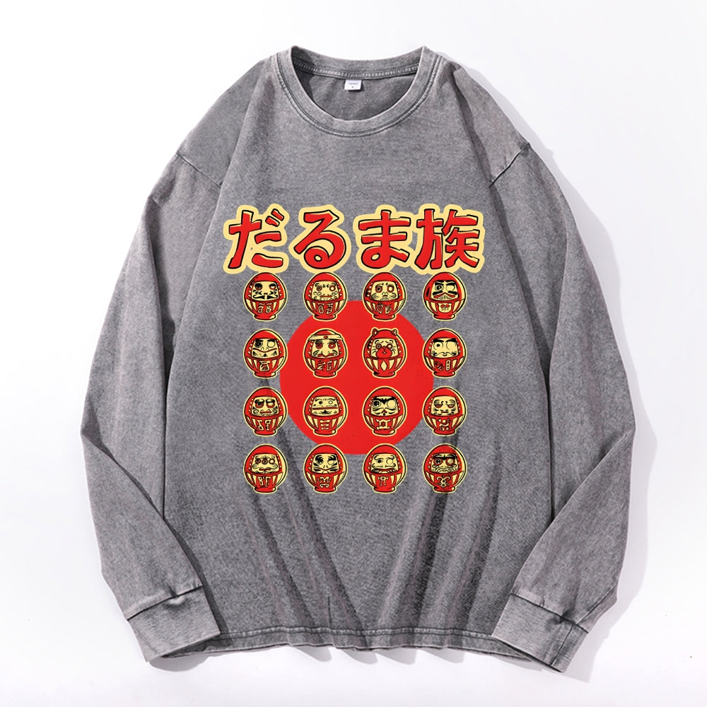 Daruma tribe Vintage Cotton Wash Crewneck Long-Sleeve T-Shirt