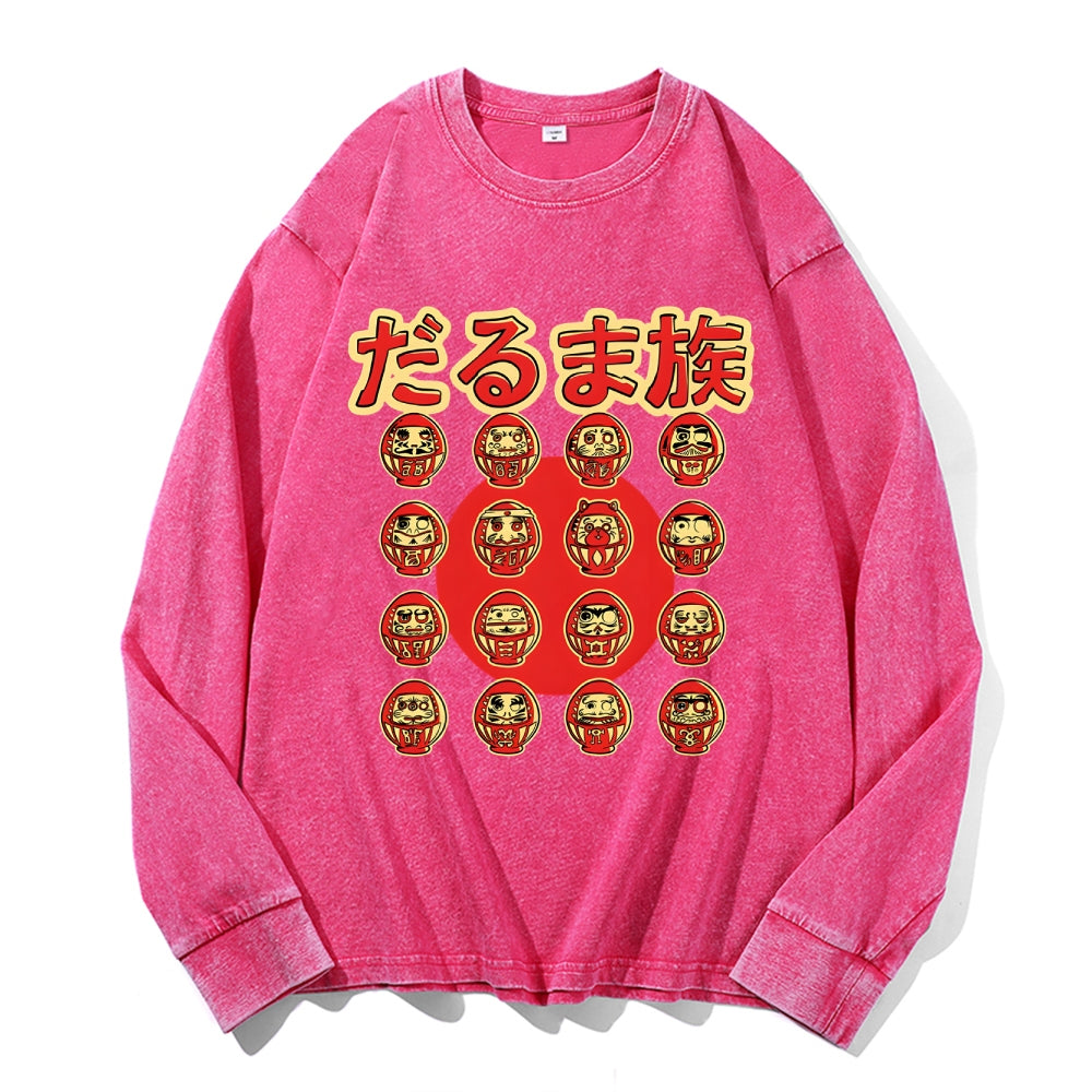 Daruma tribe Vintage Cotton Wash Crewneck Long-Sleeve T-Shirt