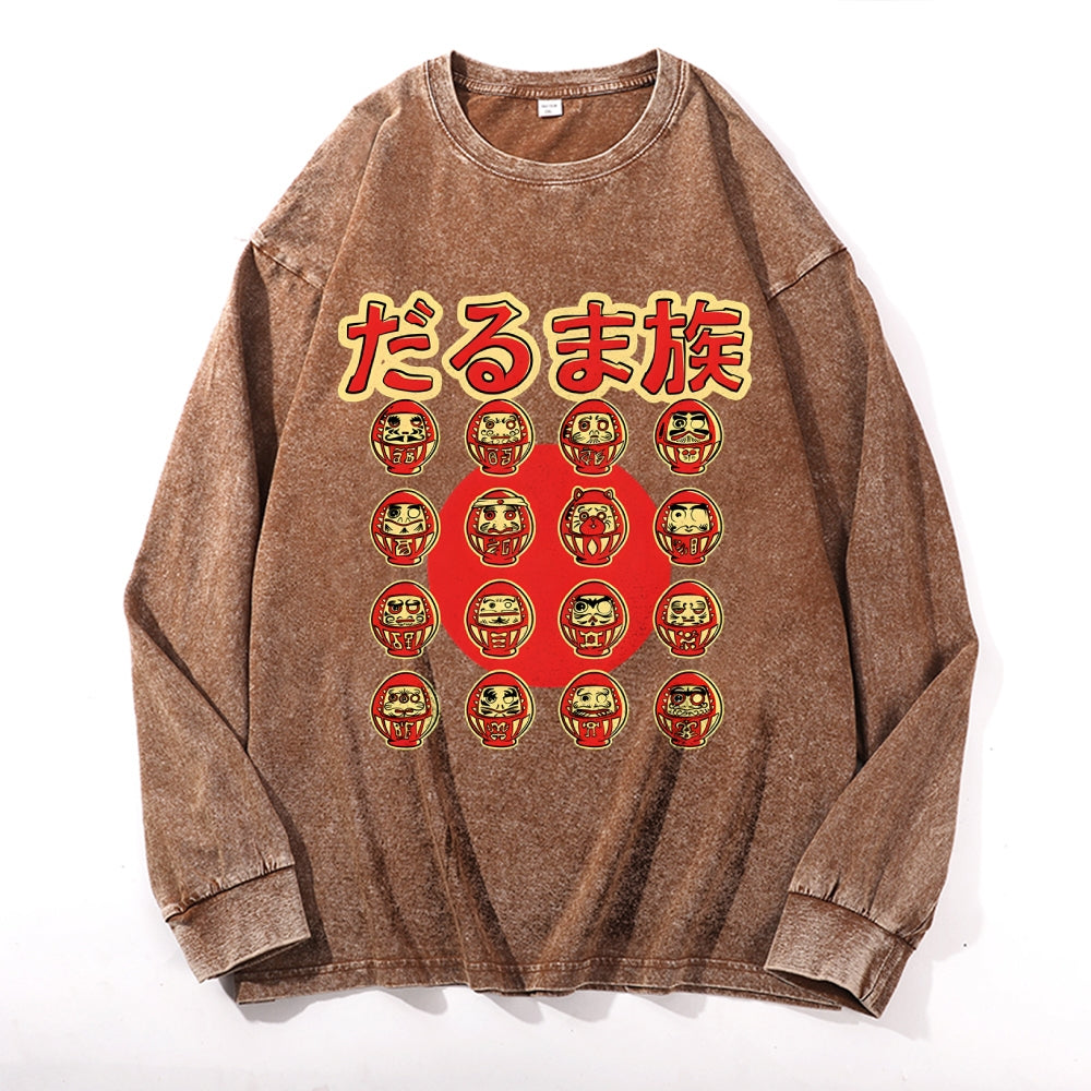 Daruma tribe Vintage Cotton Wash Crewneck Long-Sleeve T-Shirt