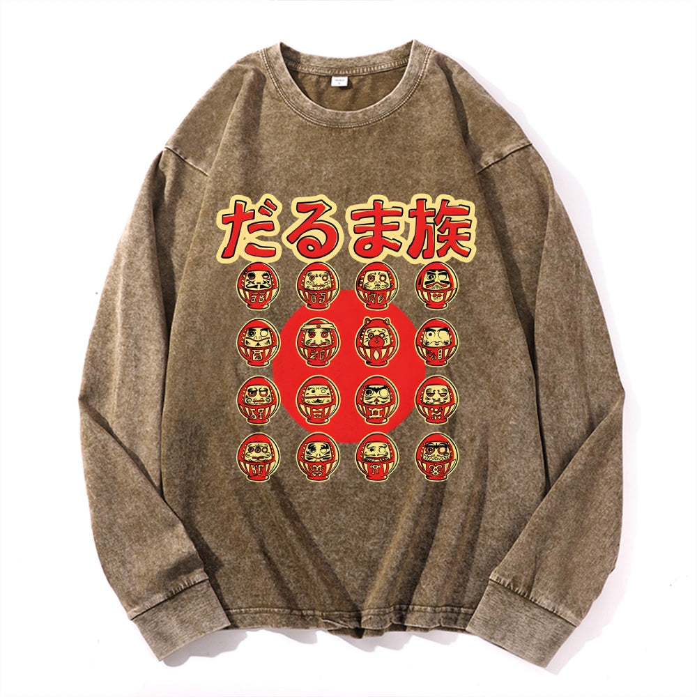 Daruma tribe Vintage Cotton Wash Crewneck Long-Sleeve T-Shirt