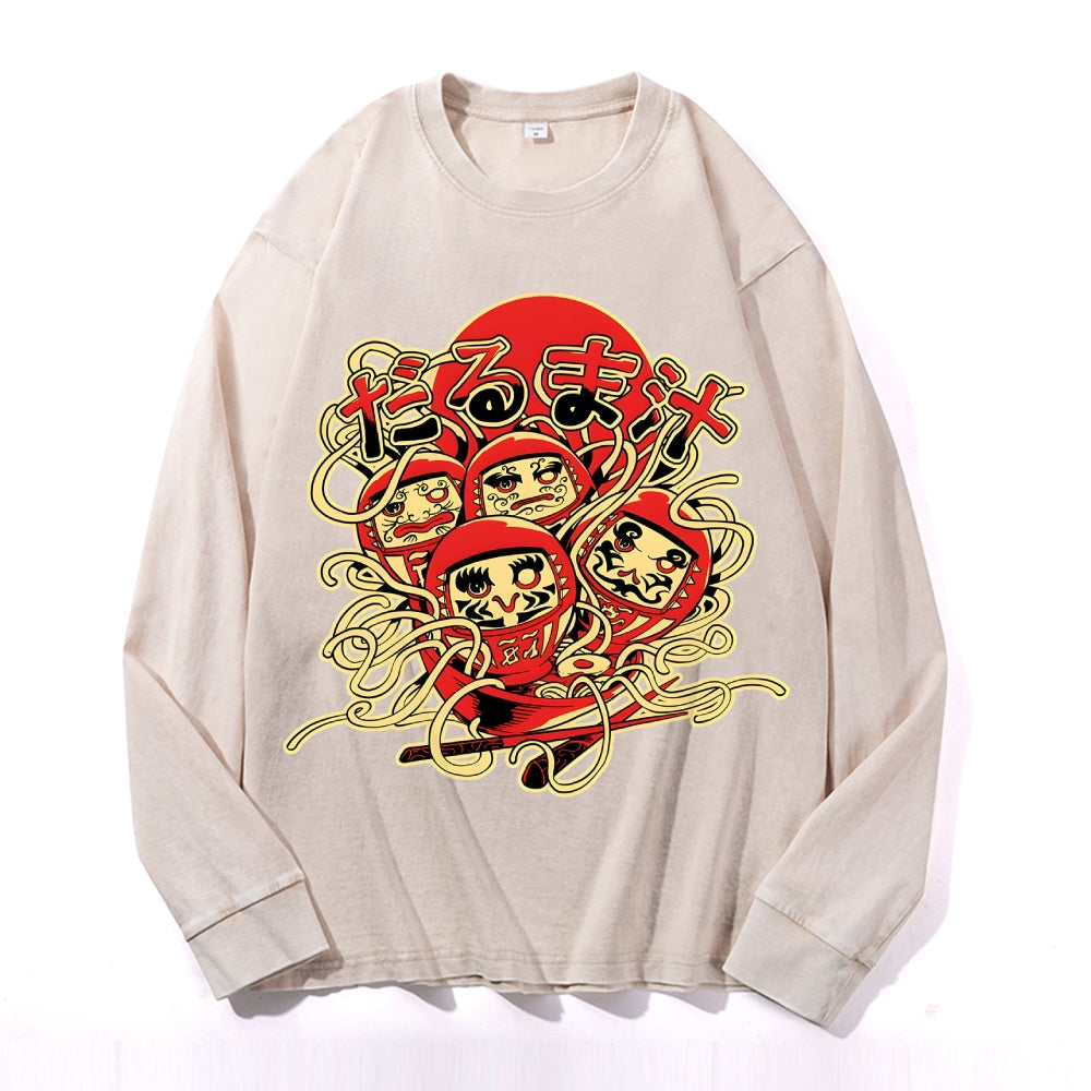 Daruma Soup Vintage Cotton Wash Crewneck Long-Sleeve T-Shirt