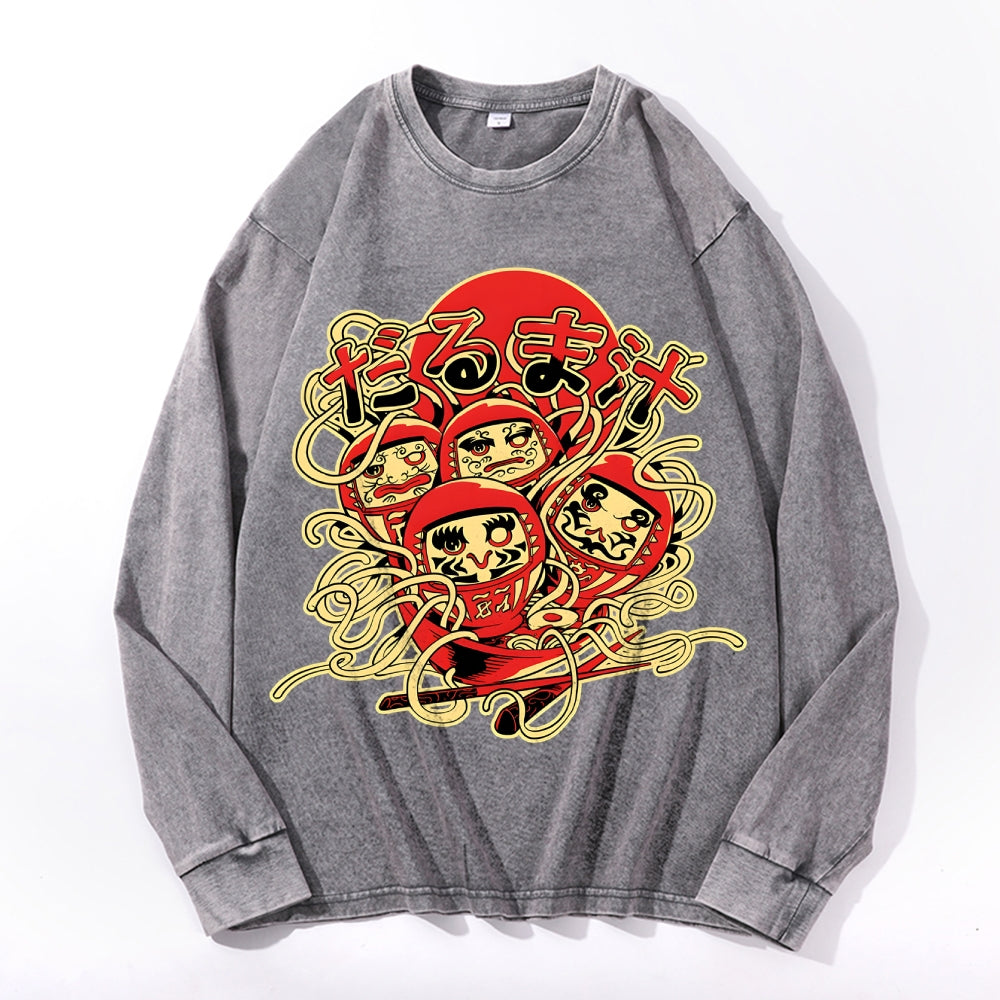 Daruma Soup Vintage Cotton Wash Crewneck Long-Sleeve T-Shirt