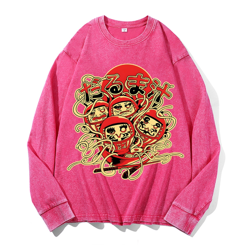 Daruma Soup Vintage Cotton Wash Crewneck Long-Sleeve T-Shirt