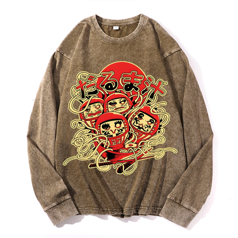 Daruma Soup Vintage Cotton Wash Crewneck Long-Sleeve T-Shirt