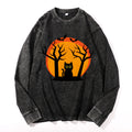 Halloween Black Cat Vintage Cotton Wash Crewneck Long-Sleeve T-Shirt