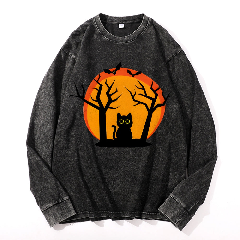 Halloween Black Cat Vintage Cotton Wash Crewneck Long-Sleeve T-Shirt
