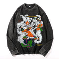 Halloween Green Yokai Vintage Cotton Wash Crewneck Long-Sleeve T-Shirt