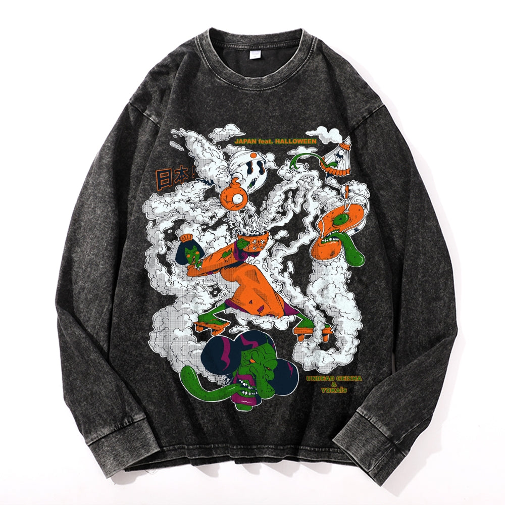 Halloween Green Yokai Vintage Cotton Wash Crewneck Long-Sleeve T-Shirt