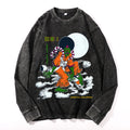 Halloween Green Yokai Vintage Cotton Wash Crewneck Long-Sleeve T-Shirt
