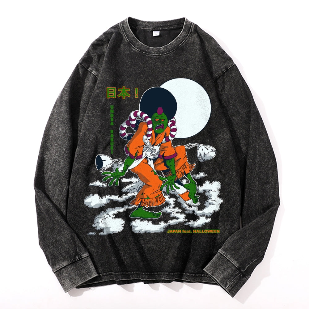 Halloween Green Yokai Vintage Cotton Wash Crewneck Long-Sleeve T-Shirt
