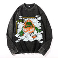 Halloween Green Yokai Vintage Cotton Wash Crewneck Long-Sleeve T-Shirt