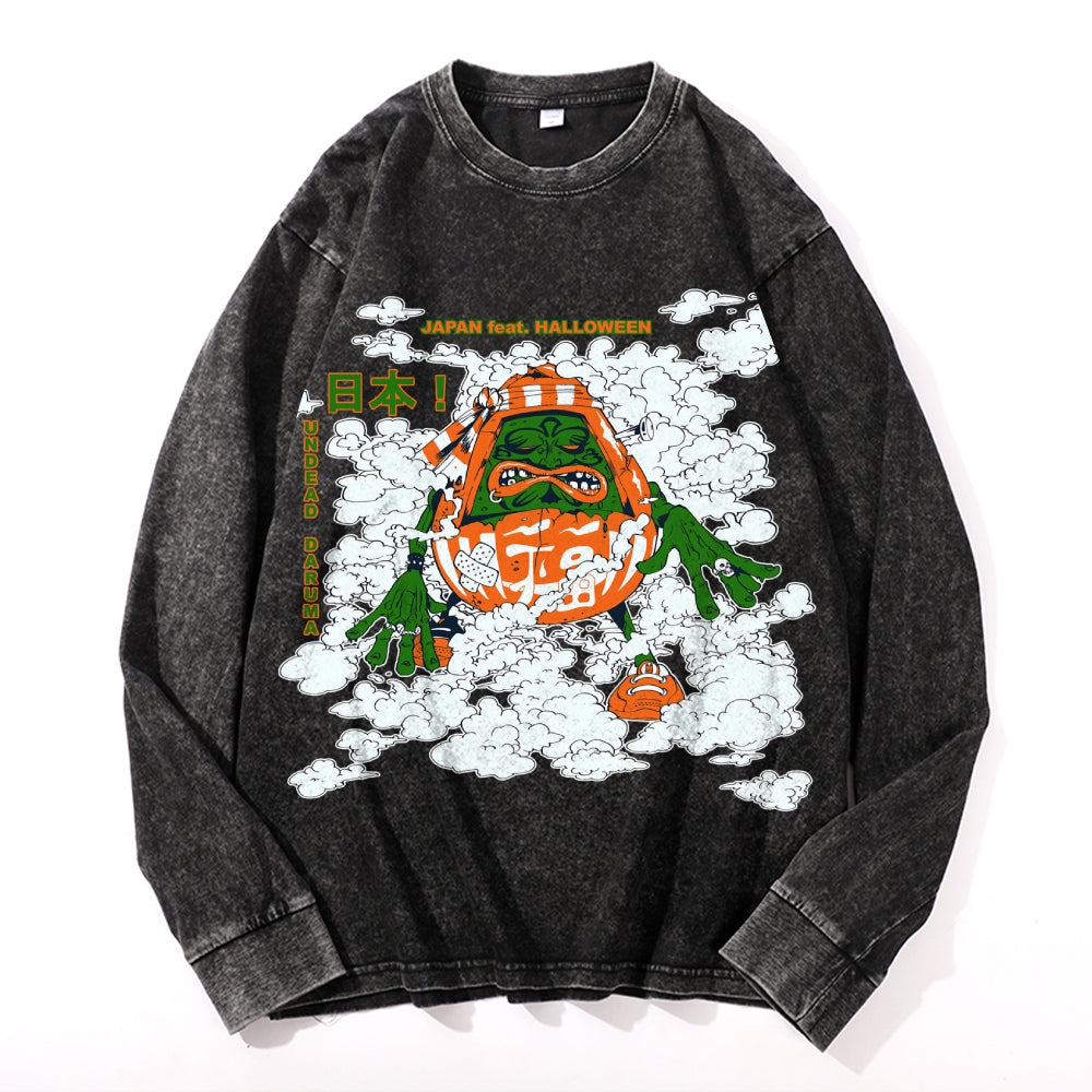 Halloween Green Yokai Vintage Cotton Wash Crewneck Long-Sleeve T-Shirt