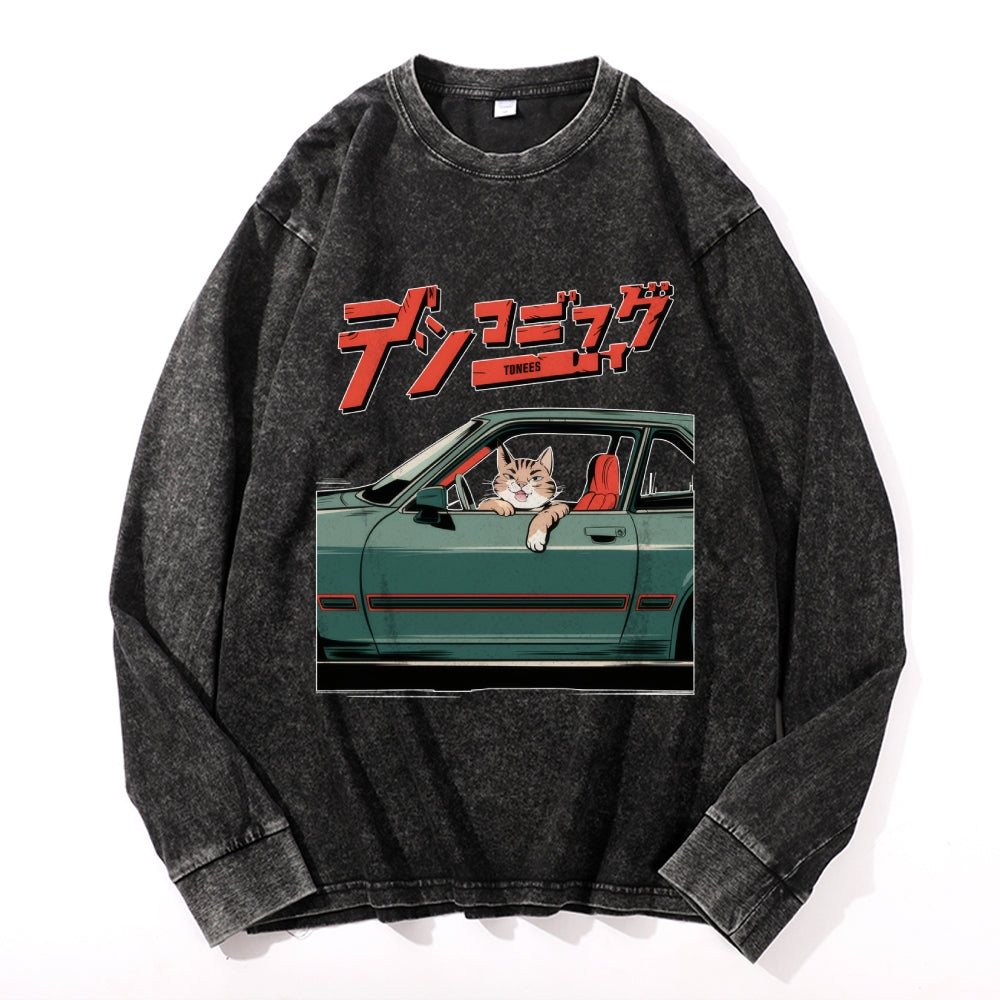Racing Car Vintage Cotton Wash Crewneck Long-Sleeve T-Shirt