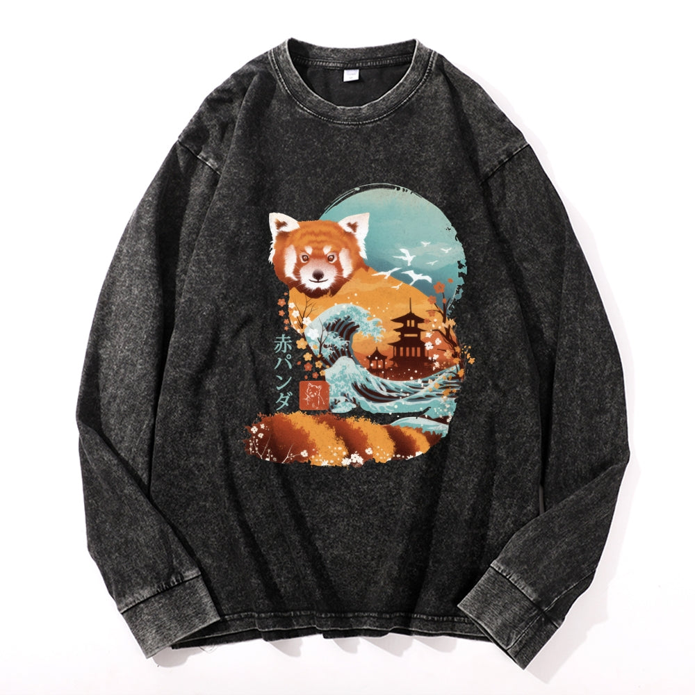 Red Panda Vintage Cotton Wash Crewneck Long-Sleeve T-Shirt