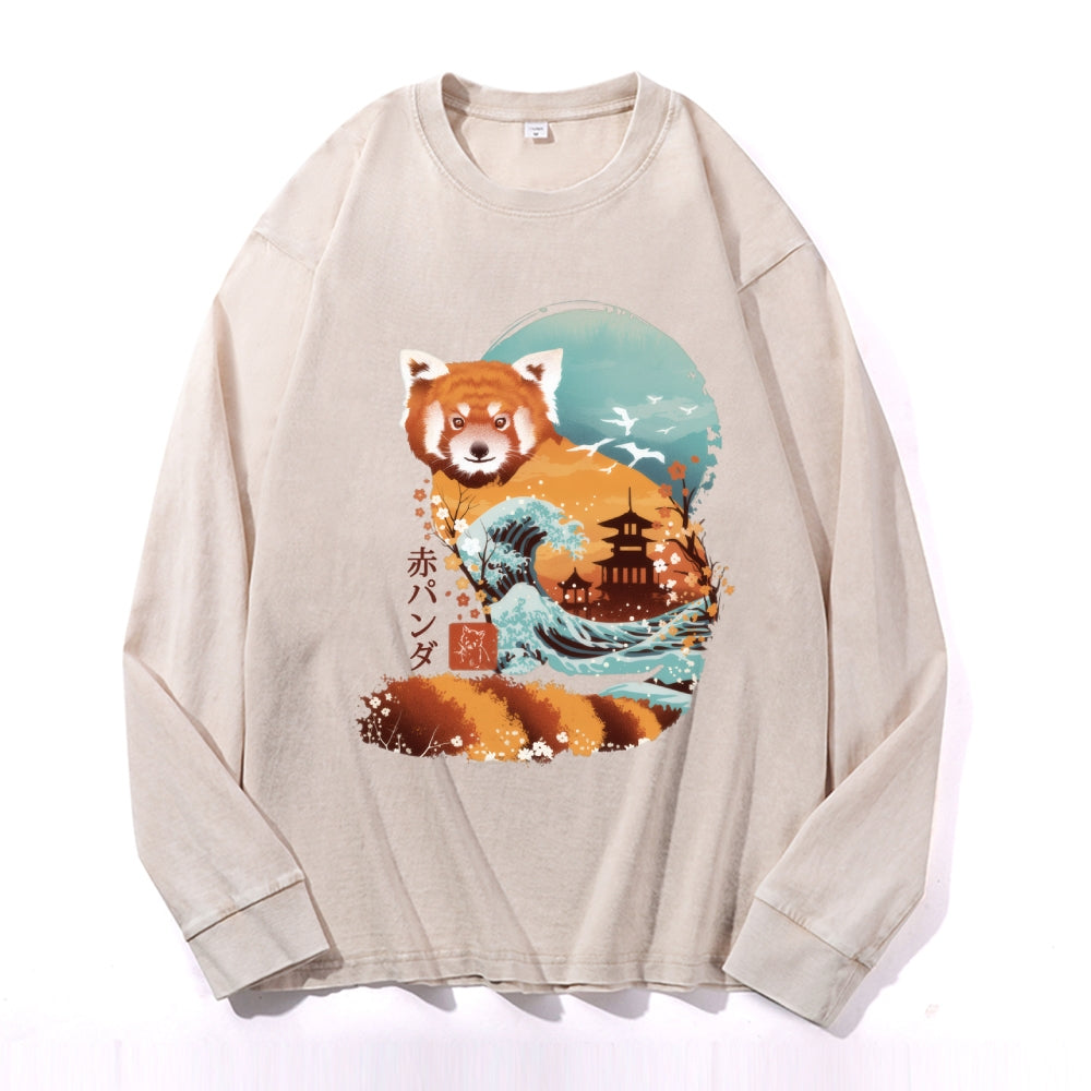 Red Panda Vintage Cotton Wash Crewneck Long-Sleeve T-Shirt