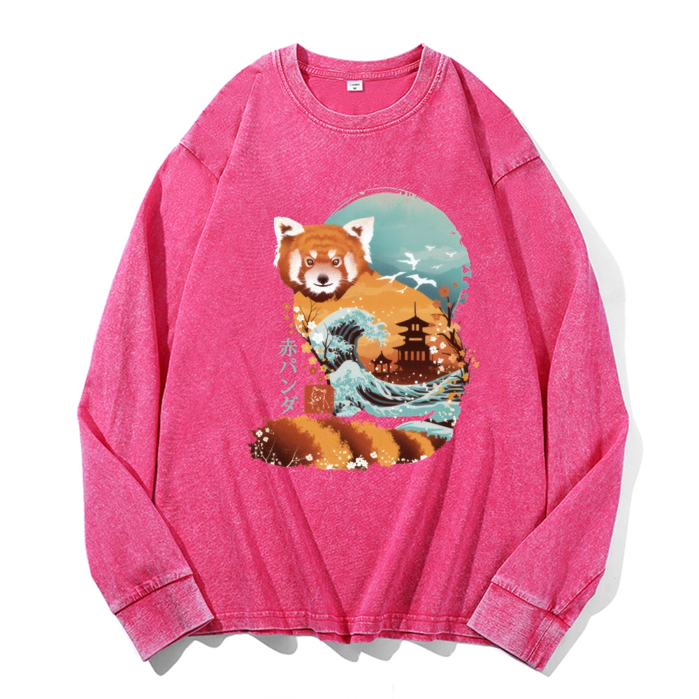 Red Panda Vintage Cotton Wash Crewneck Long-Sleeve T-Shirt
