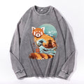 Red Panda Vintage Cotton Wash Crewneck Long-Sleeve T-Shirt