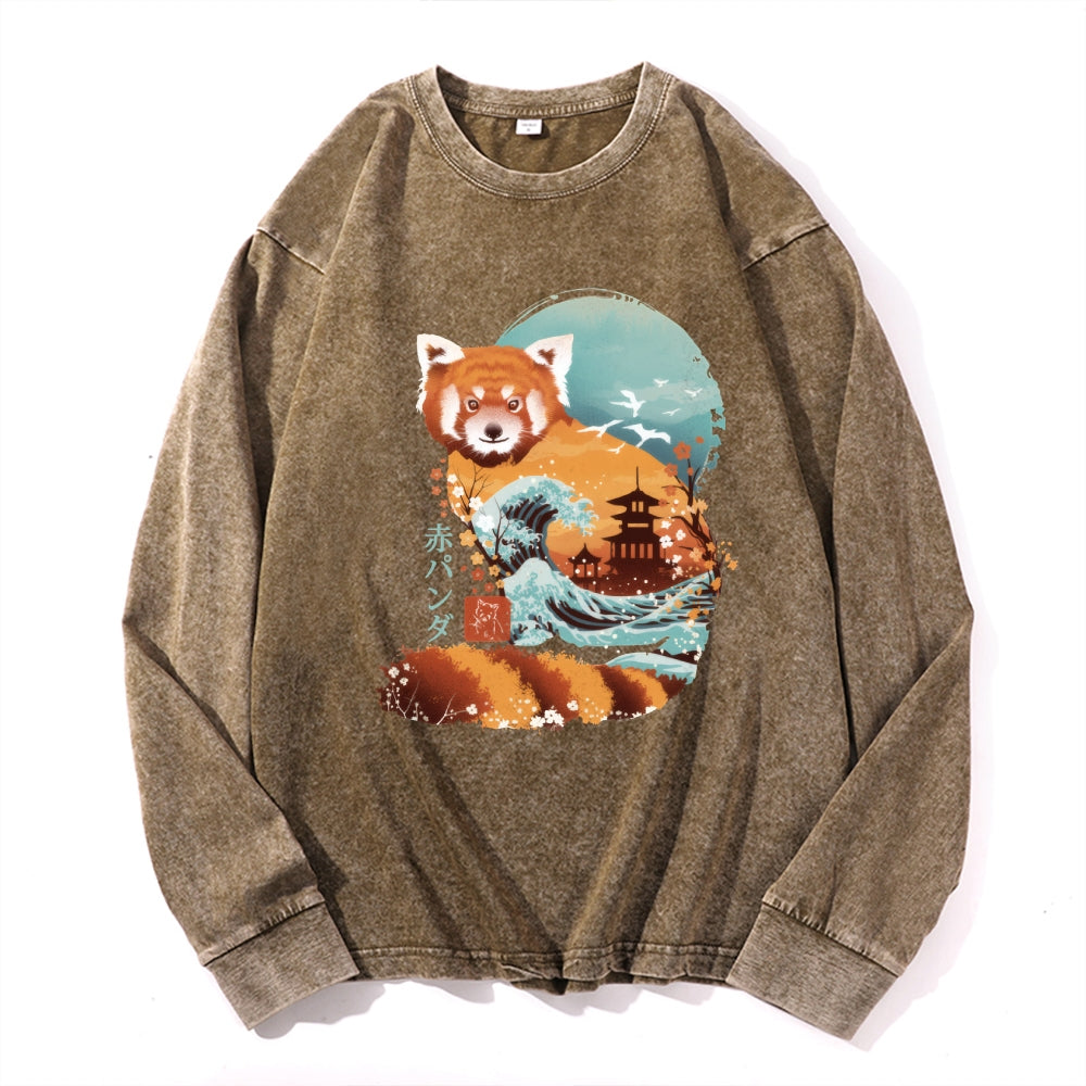 Red Panda Vintage Cotton Wash Crewneck Long-Sleeve T-Shirt