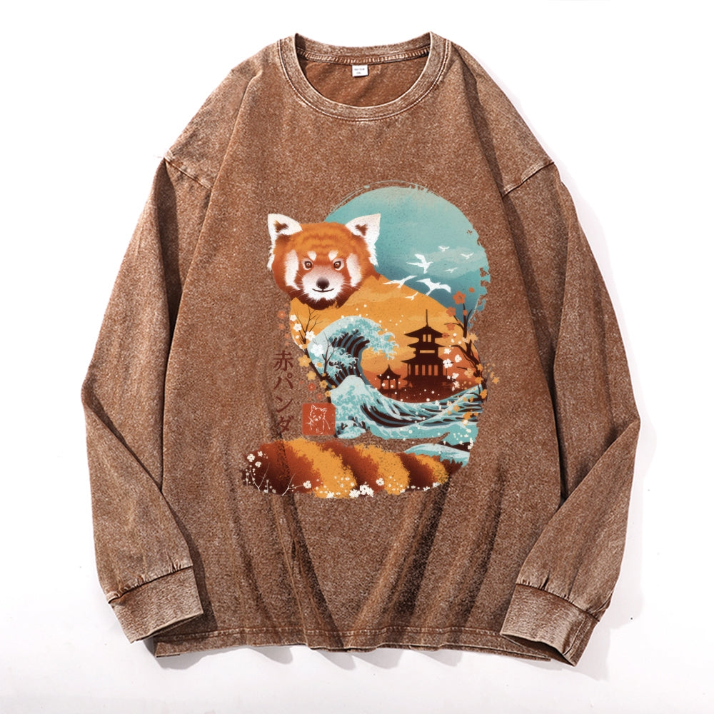 Red Panda Vintage Cotton Wash Crewneck Long-Sleeve T-Shirt