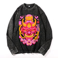 Red Yokai Mask Vintage Cotton Wash Crewneck Long-Sleeve T-Shirt