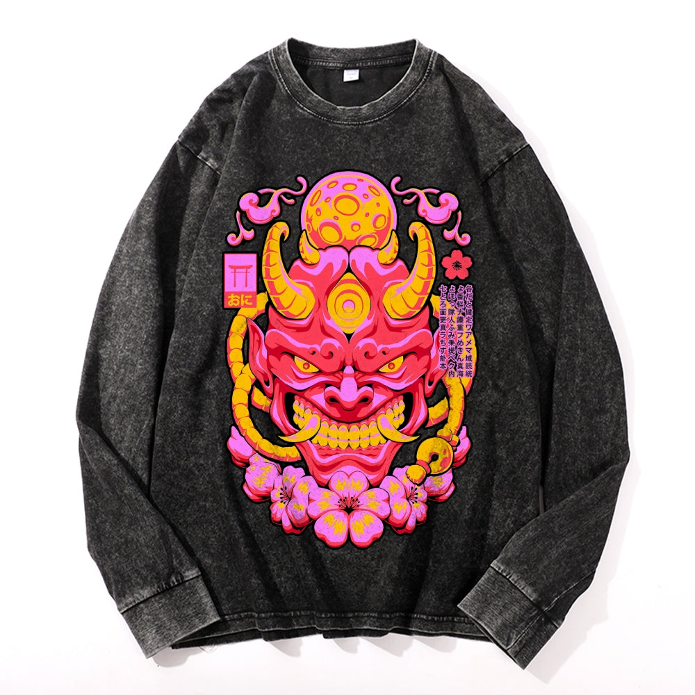 Red Yokai Mask Vintage Cotton Wash Crewneck Long-Sleeve T-Shirt