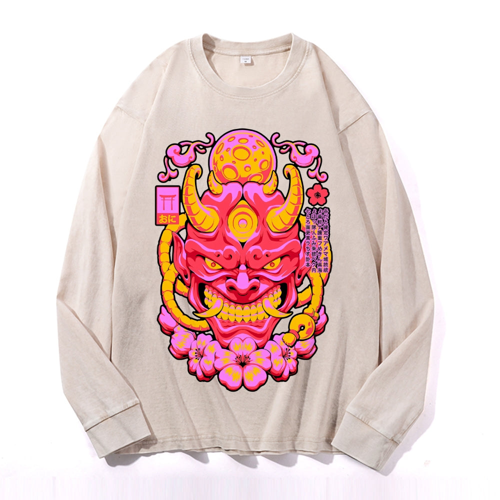 Red Yokai Mask Vintage Cotton Wash Crewneck Long-Sleeve T-Shirt