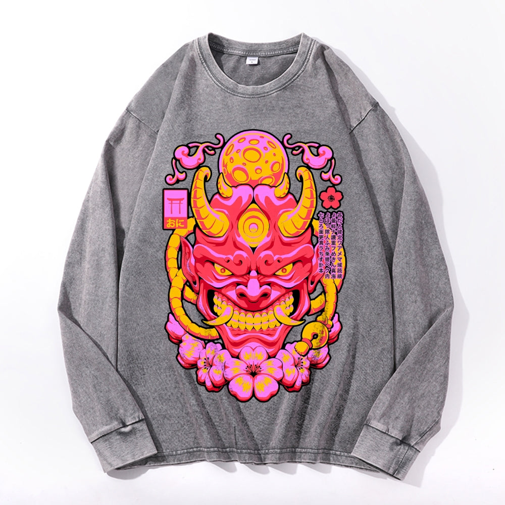 Red Yokai Mask Vintage Cotton Wash Crewneck Long-Sleeve T-Shirt