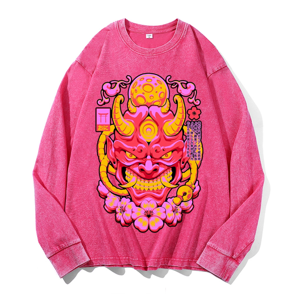 Red Yokai Mask Vintage Cotton Wash Crewneck Long-Sleeve T-Shirt