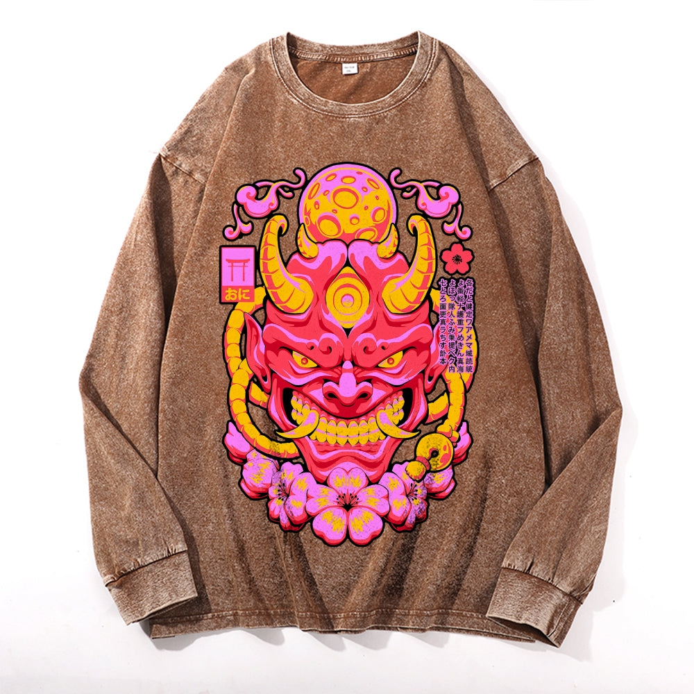 Red Yokai Mask Vintage Cotton Wash Crewneck Long-Sleeve T-Shirt