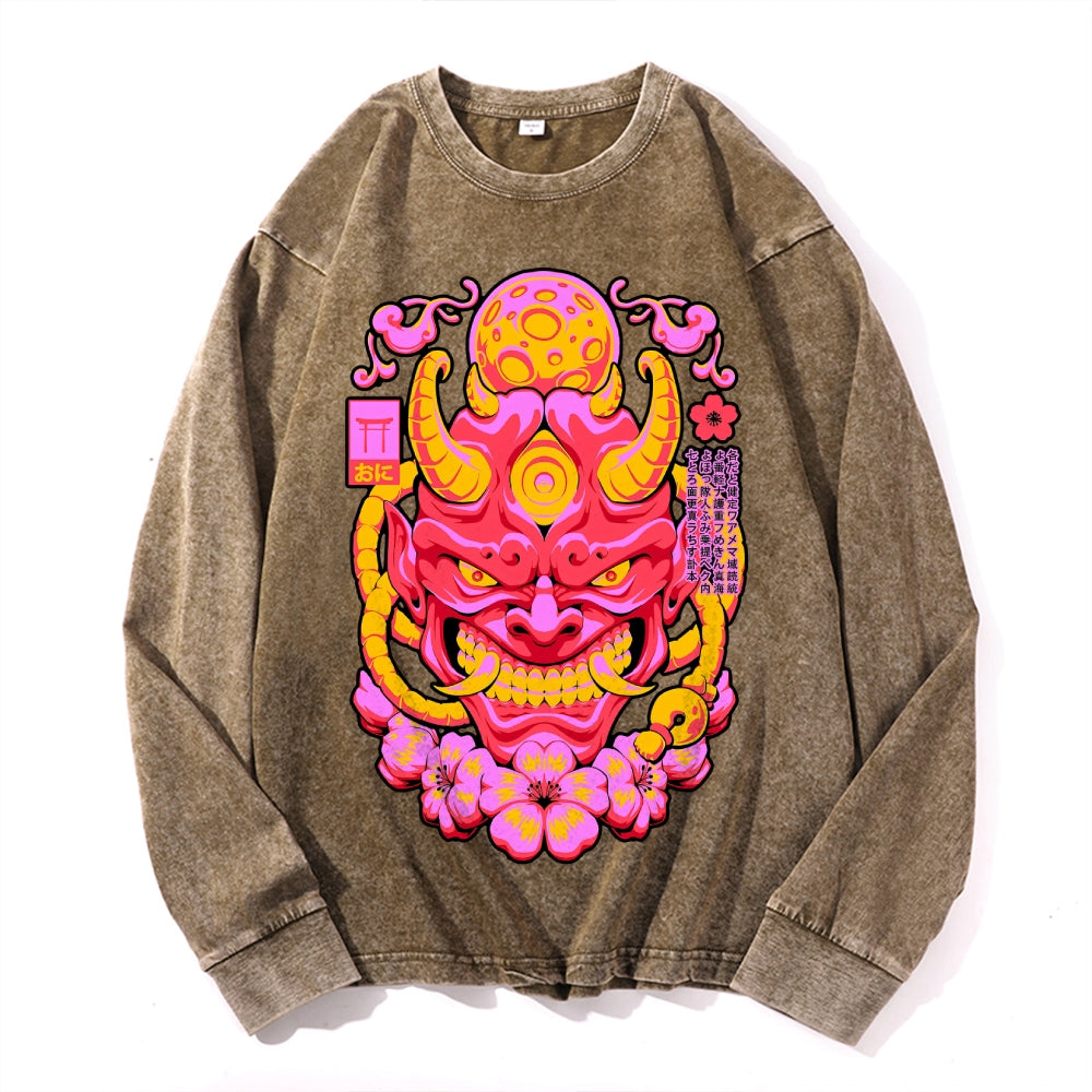 Red Yokai Mask Vintage Cotton Wash Crewneck Long-Sleeve T-Shirt