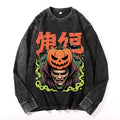Halloween Skeleton Vintage Cotton Wash Crewneck Long-Sleeve T-Shirt