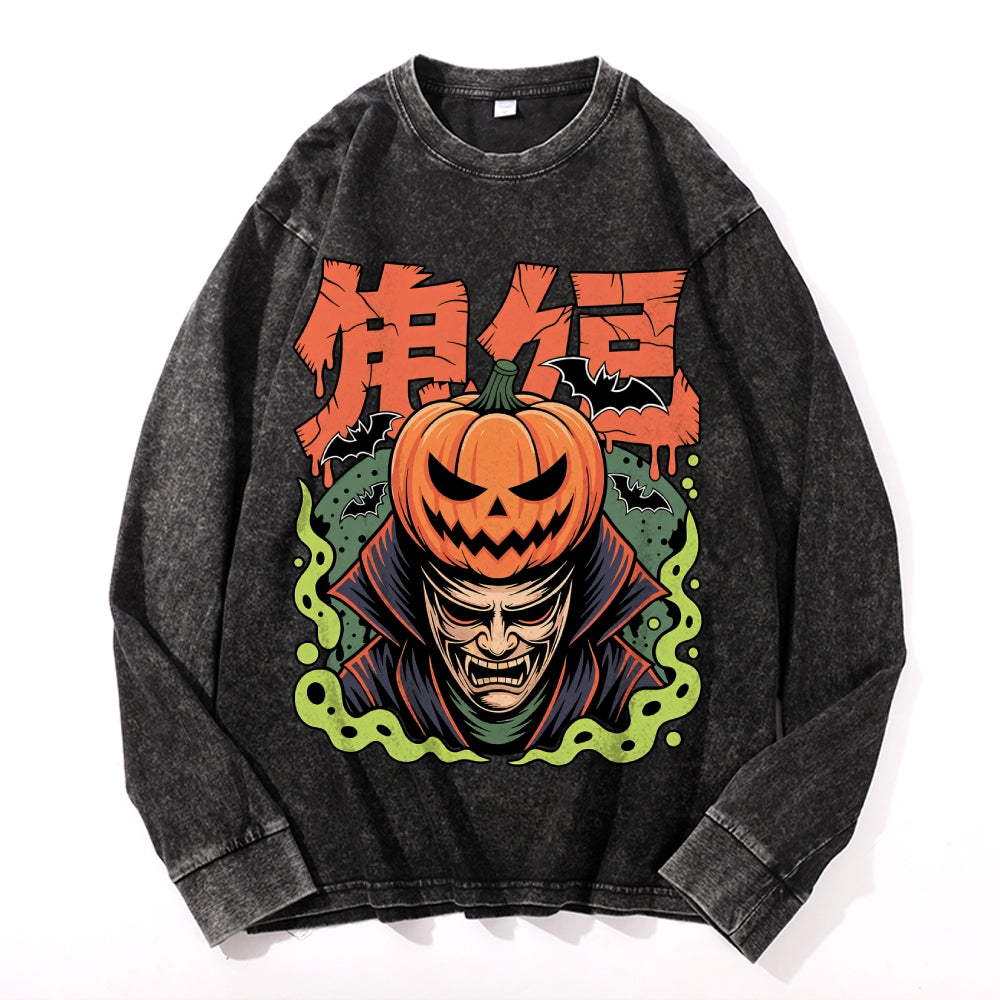 Halloween Skeleton Vintage Cotton Wash Crewneck Long-Sleeve T-Shirt