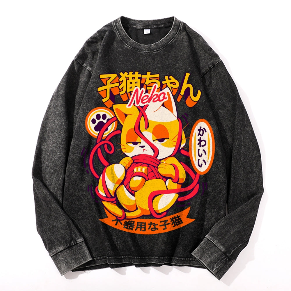 Nekomata Vintage Cotton Wash Crewneck Long-Sleeve T-Shirt