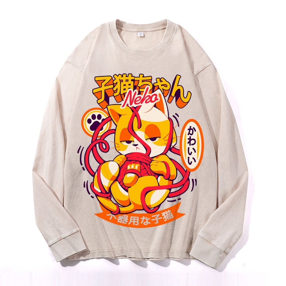 Nekomata Vintage Cotton Wash Crewneck Long-Sleeve T-Shirt