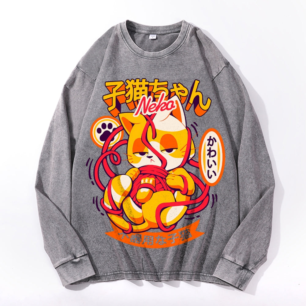 Nekomata Vintage Cotton Wash Crewneck Long-Sleeve T-Shirt