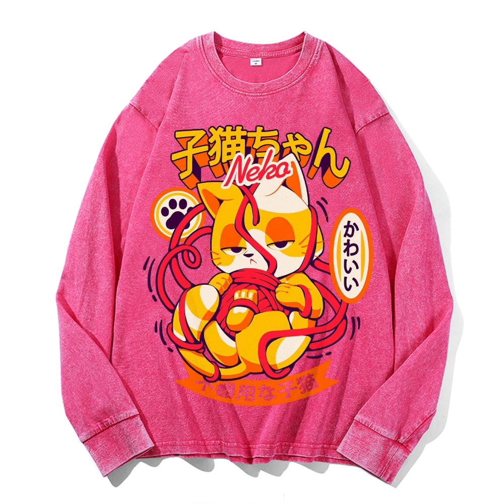 Nekomata Vintage Cotton Wash Crewneck Long-Sleeve T-Shirt