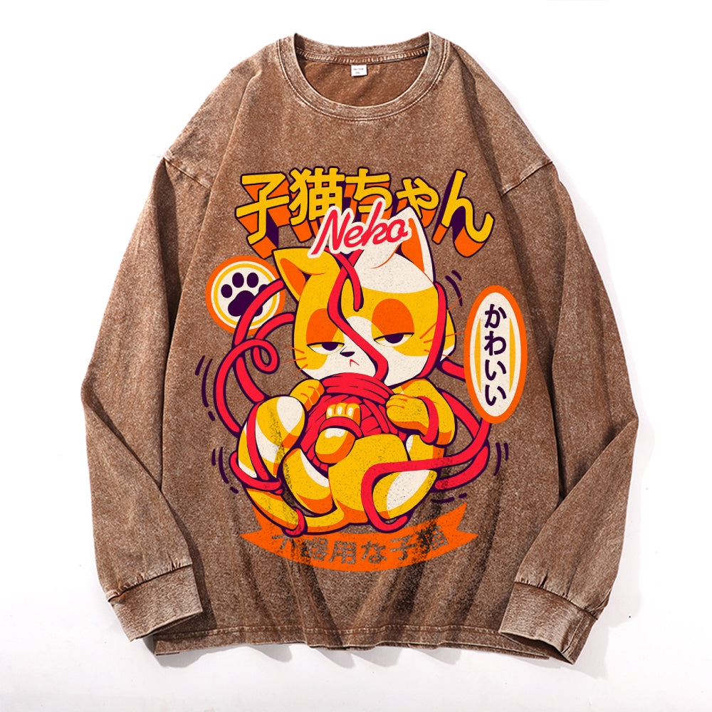Nekomata Vintage Cotton Wash Crewneck Long-Sleeve T-Shirt
