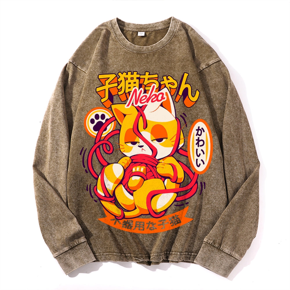 Nekomata Vintage Cotton Wash Crewneck Long-Sleeve T-Shirt