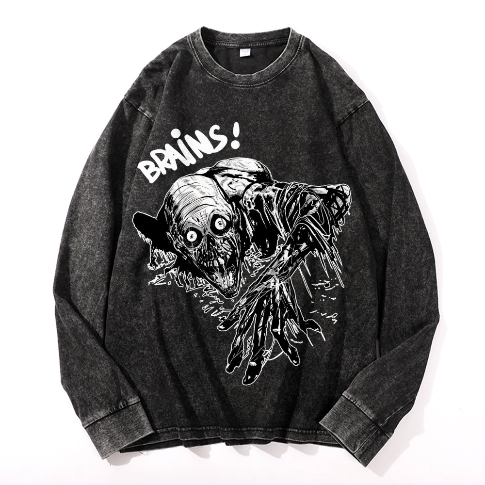 Halloween Skeleton Vintage Cotton Wash Crewneck Long-Sleeve T-Shirt