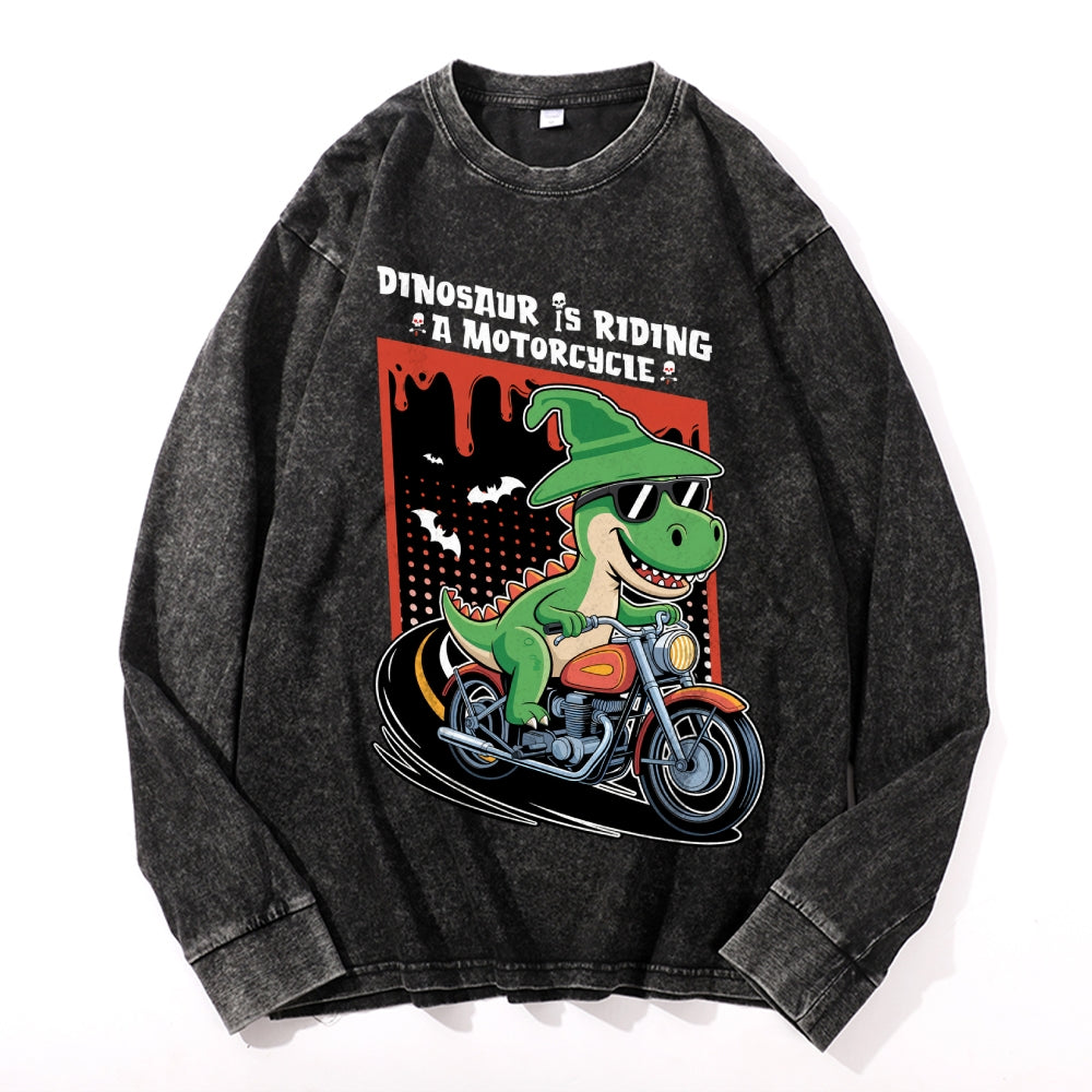 Dino Motorcycle Vintage Cotton Wash Crewneck Long-Sleeve T-Shirt