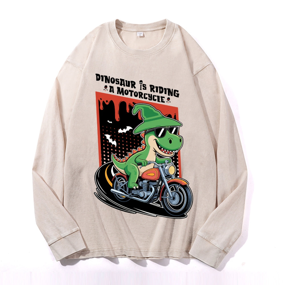 Dino Motorcycle Vintage Cotton Wash Crewneck Long-Sleeve T-Shirt