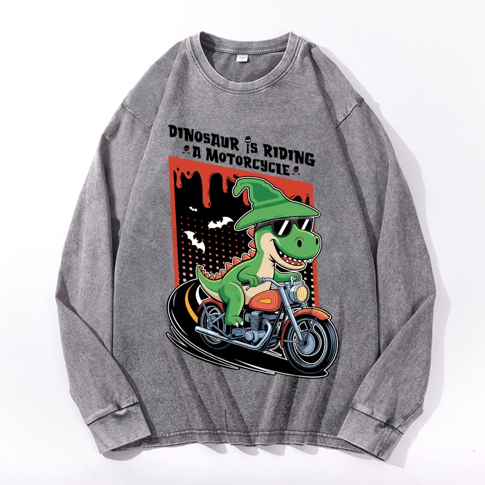 Dino Motorcycle Vintage Cotton Wash Crewneck Long-Sleeve T-Shirt