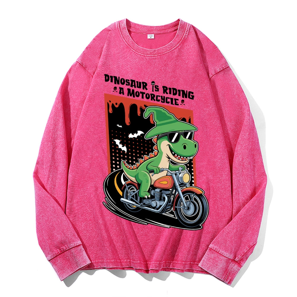 Dino Motorcycle Vintage Cotton Wash Crewneck Long-Sleeve T-Shirt