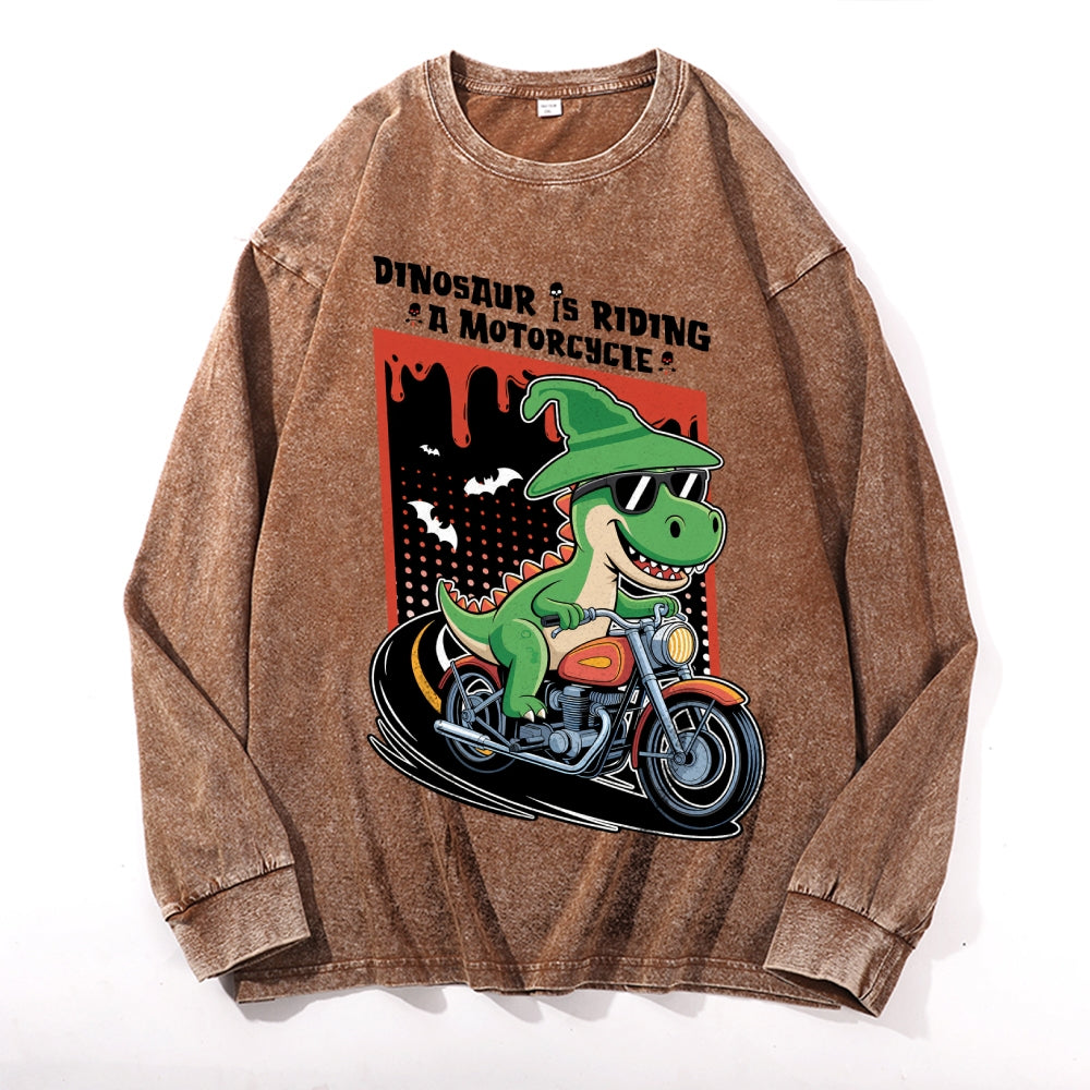 Dino Motorcycle Vintage Cotton Wash Crewneck Long-Sleeve T-Shirt