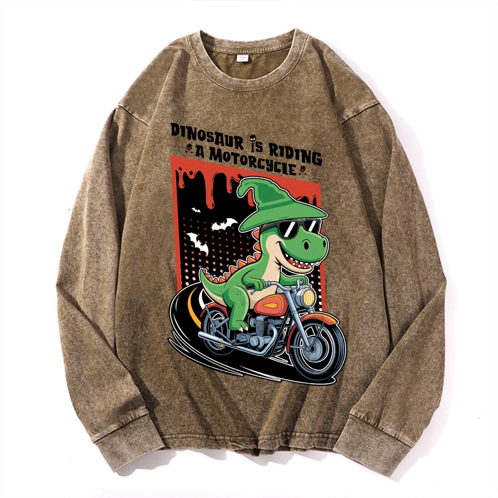 Dino Motorcycle Vintage Cotton Wash Crewneck Long-Sleeve T-Shirt
