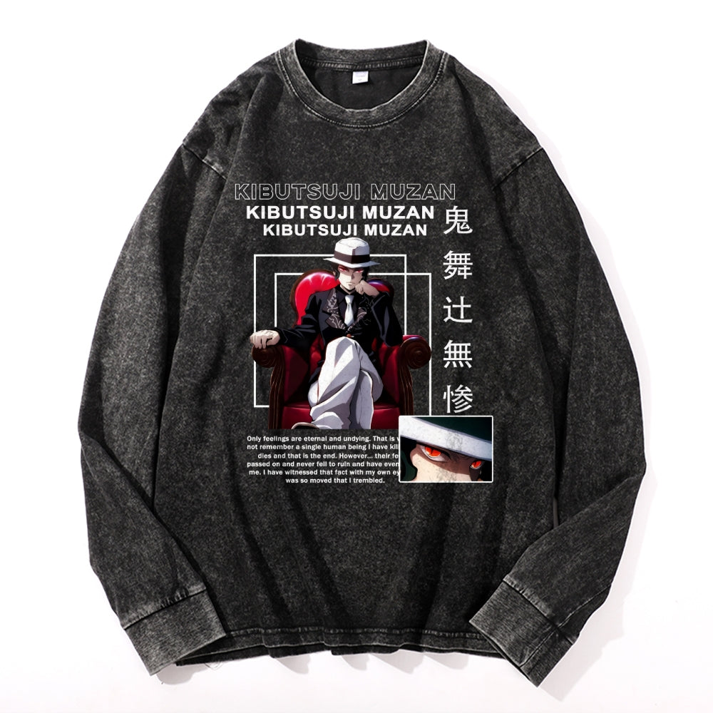 Deamon Kibutsuji Muzan Vintage Cotton Wash Crewneck Long-Sleeve T-Shirt