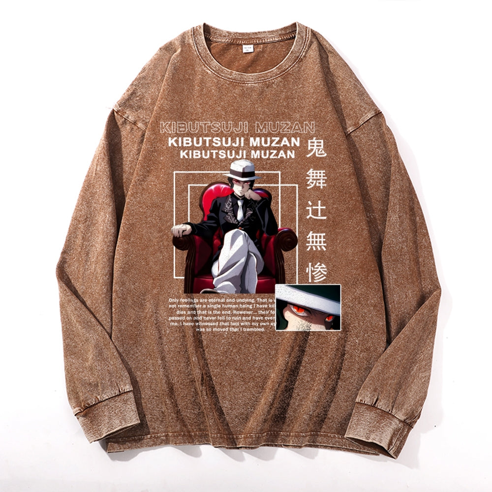 Deamon Kibutsuji Muzan Vintage Cotton Wash Crewneck Long-Sleeve T-Shirt