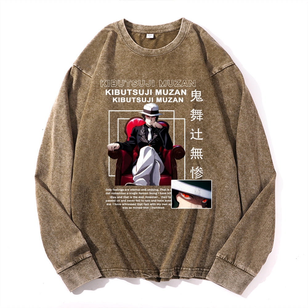 Deamon Kibutsuji Muzan Vintage Cotton Wash Crewneck Long-Sleeve T-Shirt
