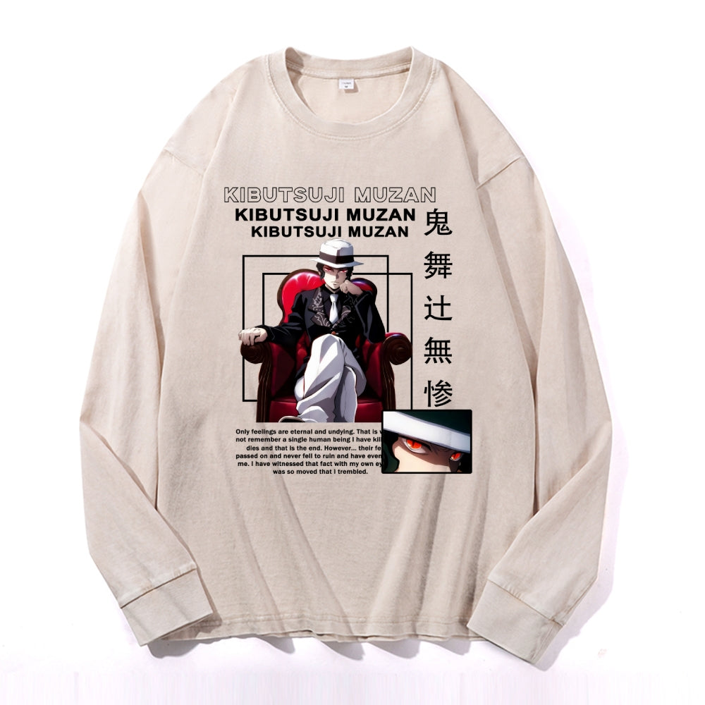 Deamon Kibutsuji Muzan Vintage Cotton Wash Crewneck Long-Sleeve T-Shirt
